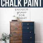 A dresser half painted blue beside text reading How to Glaze Over Chalk Paint; Before and After.
