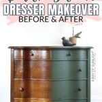 A dresser half painted dark green, showing the before and after of a dresser makeover.