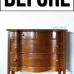 A vintage wooden dresser with curved drawers and mismatched knobs, labeled BEFORE at the top.