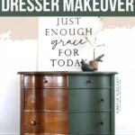 vintage serpentine dresser half before makeover and half after dark green makeover.