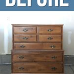 A wooden dresser with six drawers, shown in a garage, with BEFORE text above it.
