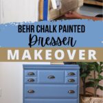 A dresser is painted blue with chalk paint; the image shows before and after the makeover.