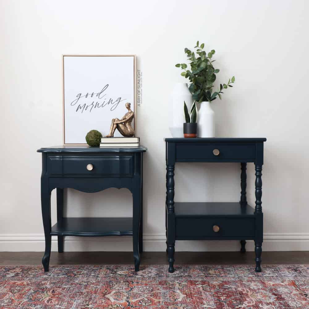 Blue chalk painted mismatched nightstands