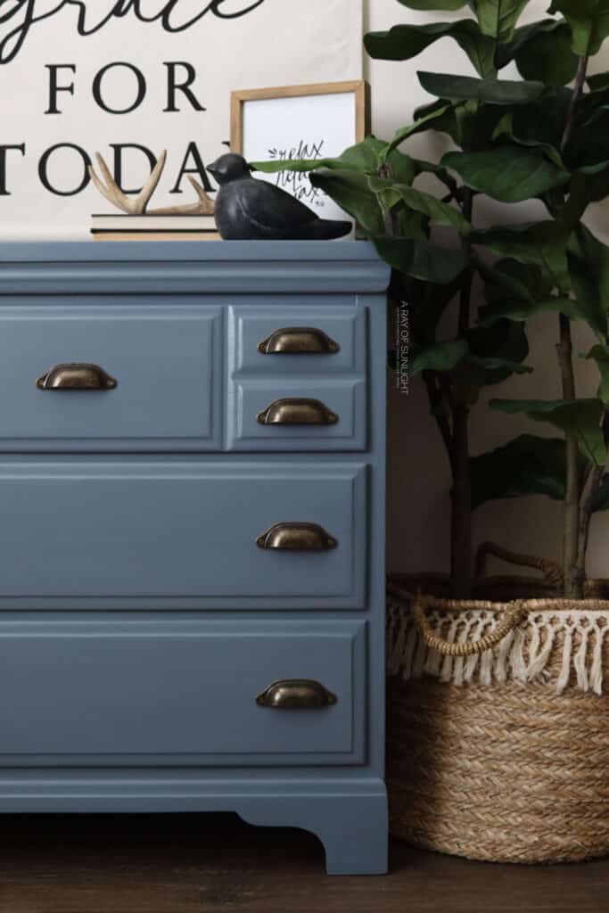 Close view of blue chalk painted dresser