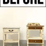 Two vintage wooden nightstands with ornate details labeled BEFORE at the top of the image.