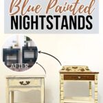 Two vintage nightstands labeled before, with a small inset photo showing a blue-painted after version.