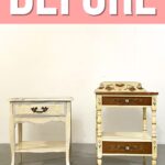 Two vintage wooden nightstands with ornate designs, both in worn, cream and brown finishes. BEFORE text above.