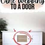 White cabinet with cane webbing on the center door, highlighted with red circles and arrows.