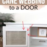 White cabinet door with cane webbing insert, highlighted by red arrows.