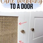 White cabinet door with cane webbing panel, gold knobs, and red arrows pointing to the cane inset.