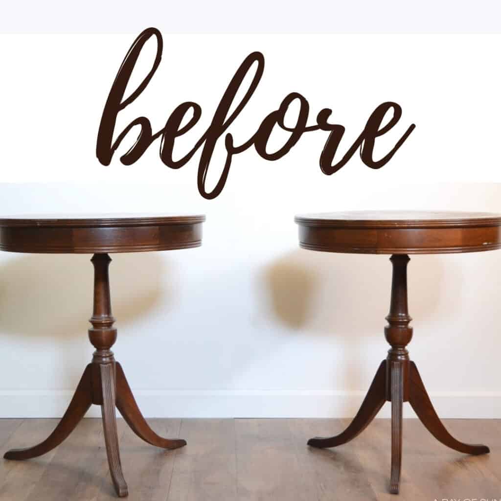 2 wooden drum tables before the makeover