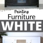 Before and after of a cabinet transformed from black to white, with text Painting Furniture White.