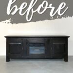 Black wooden TV console labeled before against a gray and white wall.