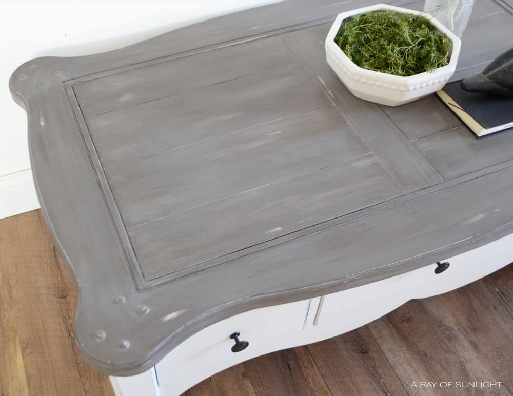 painted weathered wood look on a white coffee table