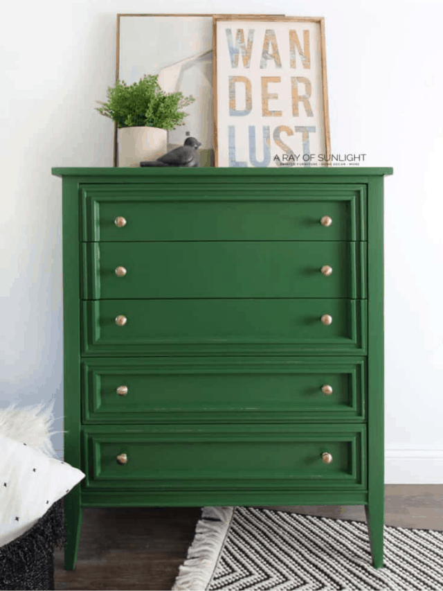green painted modern dresser after the makeover