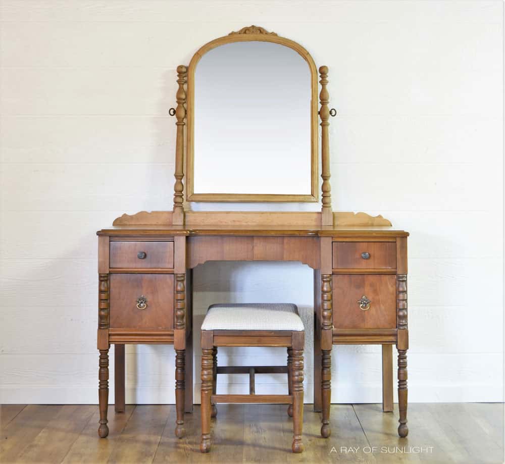 wooden vintage vanity with stool