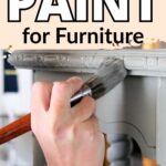Hand holding a paintbrush, painting a gray piece of furniture, with text: The Best Paint for Furniture.