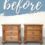 Two wooden nightstands side by side with before written in large script above them on a blue background.