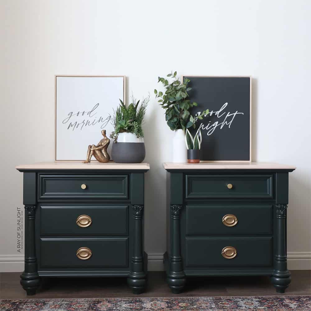 full shot of green painted nightstands with whitewashed wood tops and gold painted hardware
