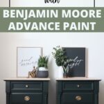 Two painted nightstands with decor and art, showcasing results using Benjamin Moore Advance paint.