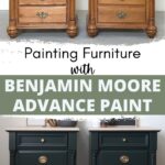 Two wooden nightstands before and after being painted dark green with Benjamin Moore Advance Paint.
