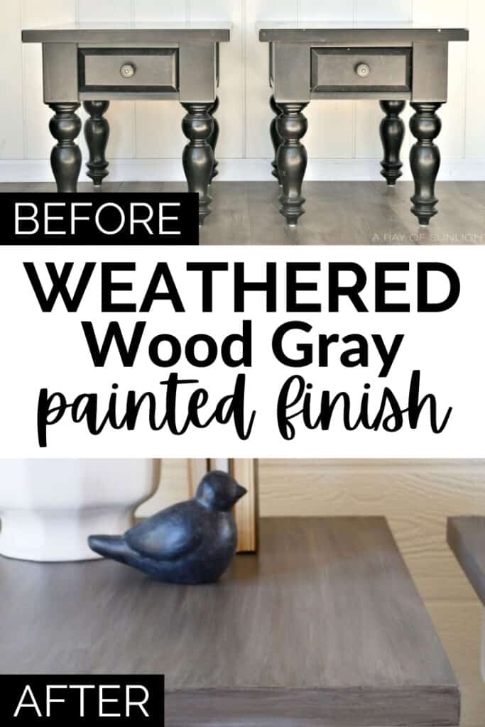 before and after of end tables with weathered wood gray finish