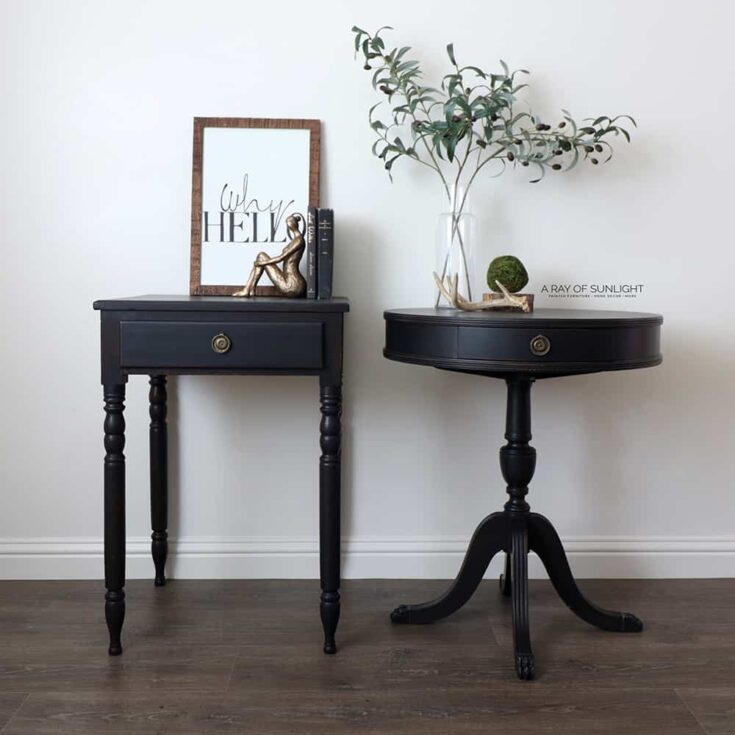 black mismatched pair of nightstands painted with Rust-oleum milk paint