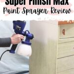 Person using a HomeRight Super Finish Max paint sprayer to refinish a light-colored dresser.