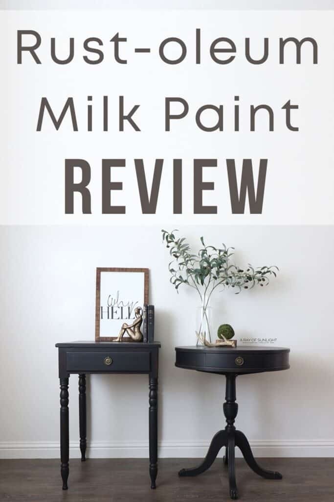 Black painted nightstands with text overlay rust-oleum milk paint review