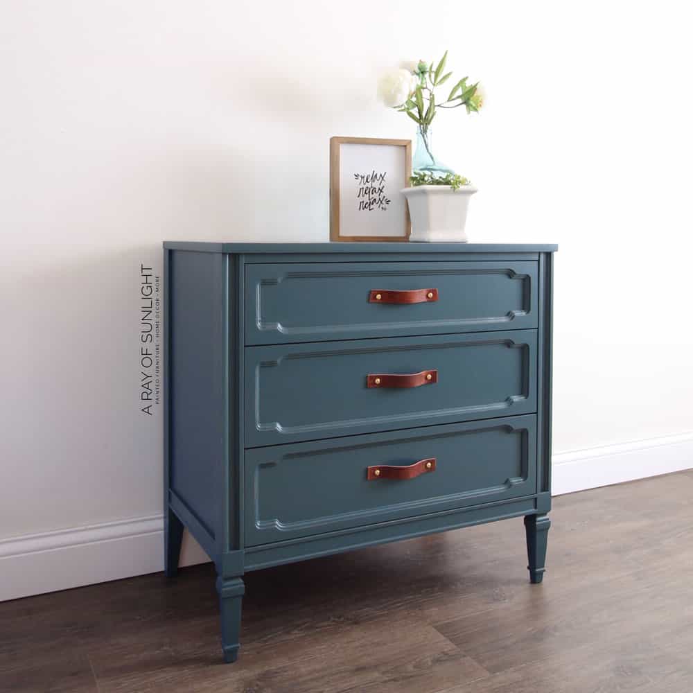 side angle of the teal blue painted 3 drawer dresser
