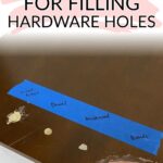 A wooden surface labeled with tape shows four types of fillers applied for covering hardware holes.