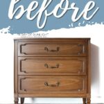 A vintage wooden dresser with three drawers and brass handles, labeled before in large script text above.