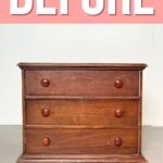 A worn, three-drawer wooden dresser under a large BEFORE sign on a pink background.