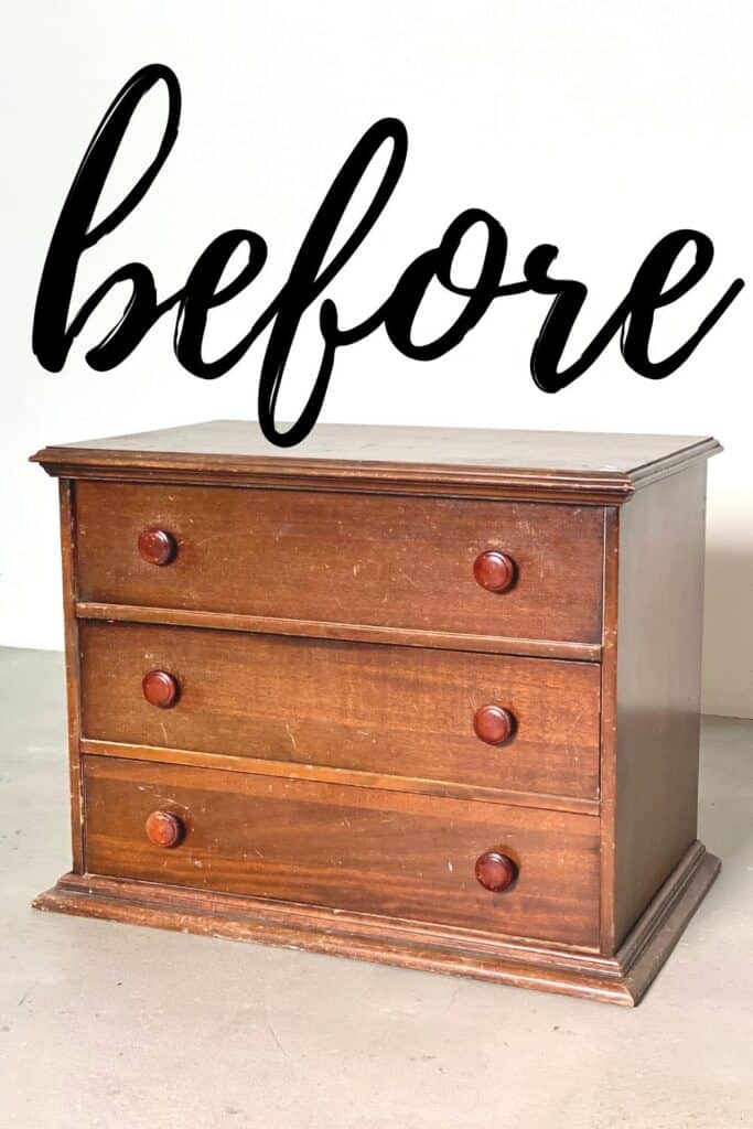 before photo of the dresser with no base, with text overlay before on the top