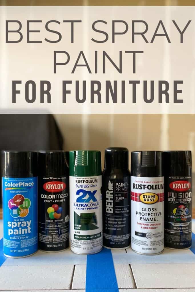 Six cans of spray paint lined up on a piece of wood furniture - color place, Krylon colormaxx, rustoleum 2x, behr, rustoleum protective enamel, Krylon fusion