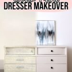 A dresser half unfinished, half painted white with black knobs, labeled “Before” and “After” dresser makeover.