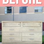 A plain, light wood dresser with drawers sits outside on a dolly, labeled BEFORE at the top.