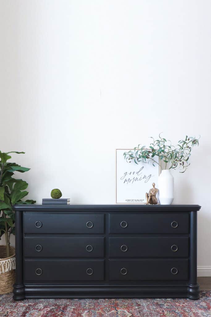Six drawer dresser makeover with general finishes lamp black paint.