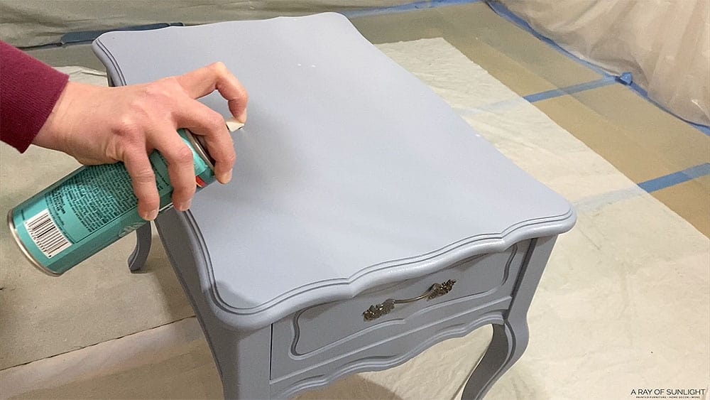 Topcoating painted end table with Minwax Polycrylic in a spray can