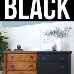 A wooden dresser half refinished in black paint, showing a before and after comparison.