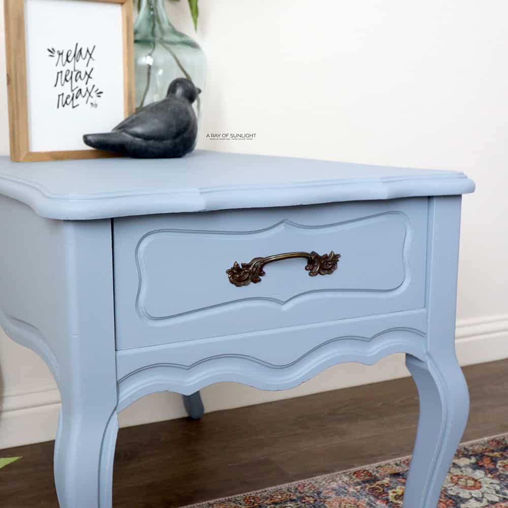 End table painted in light blue Dixie Bell Silk all in one mineral paint.