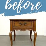 A vintage wooden side table, labeled before, against a blue and white background.