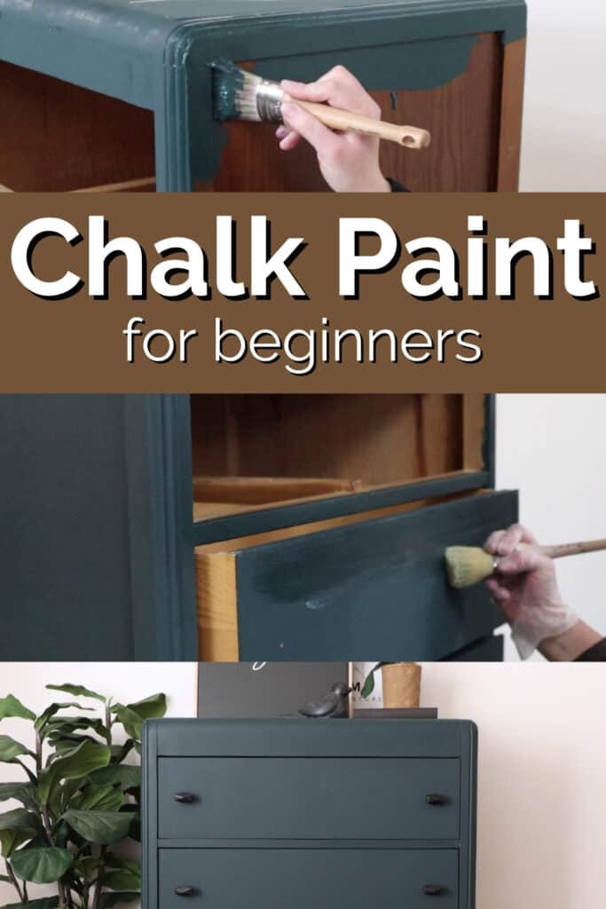 brushing chalk paint and waxing chalk paint on a dresser