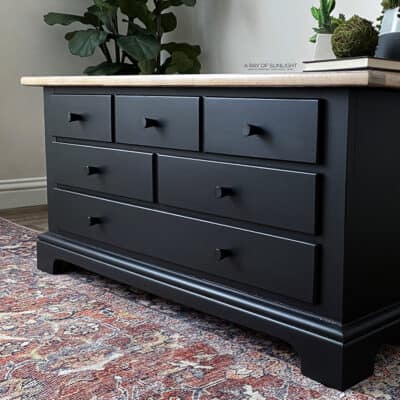 black chalk painted coffee table with card catalog drawers and whitewashed wood top