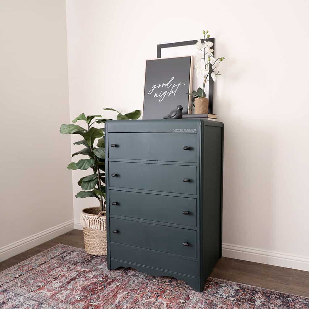 full view of the waterfall dresser painted in blue chalk paint