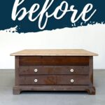A worn brown coffee table with drawers and sanded wood top before painting it black