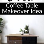 A wooden coffee table half painted black, showing a before and after makeover comparison.