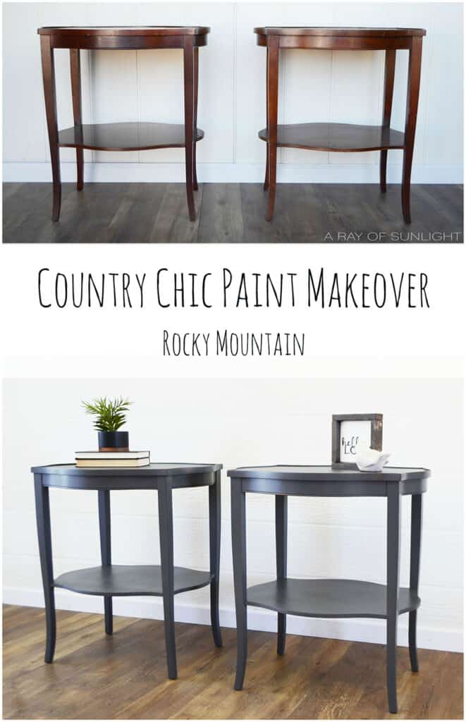 before and after of gray chalk painted end tables