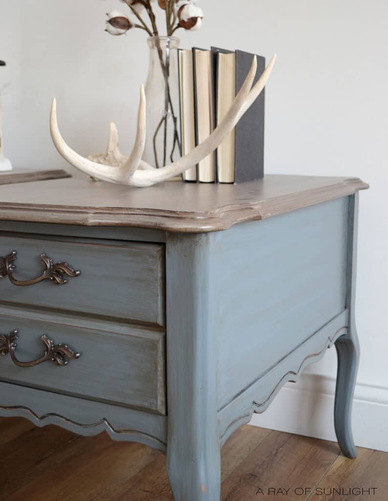 side shot of french nightstands after makeover