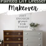 A dresser makeover showing a dark wood before on the left and a light gray painted after on the right.